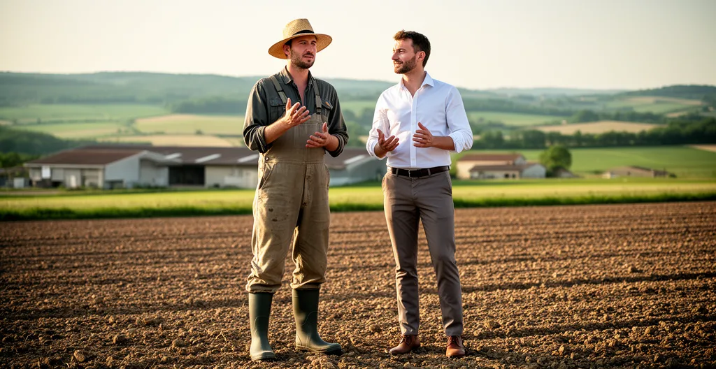 Agriculteur et conseiller discutant sur un terrain agricole en vue d'un projet solaire