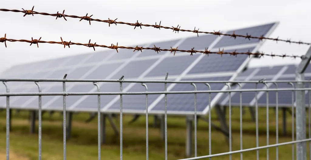 Clôture de sécurité autour d'une centrale solaire avec panneaux en arrière-plan