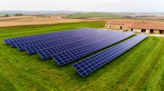 Vue aérienne d'une mini centrale solaire au sol sur terrain agricole français