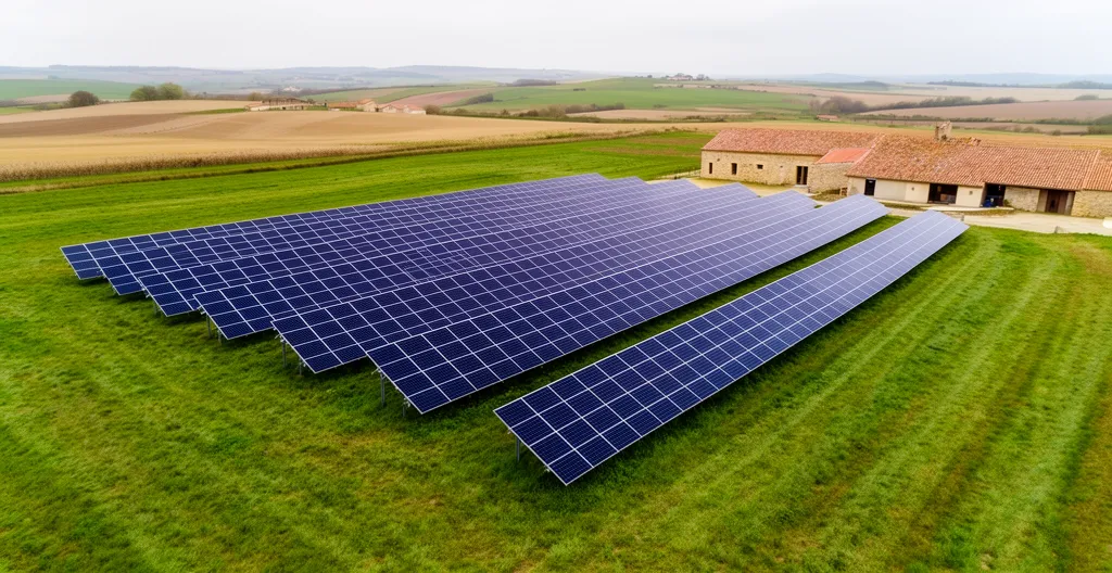 Vue aérienne d'une mini centrale solaire au sol sur terrain agricole français